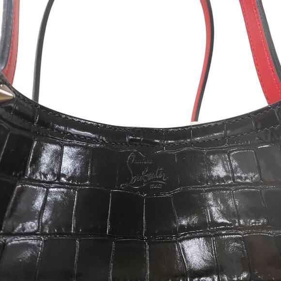 Christian Louboutin Cabarock Croc Small Black Leather Tote Spiked Shoulder Bag - Picture 3 of 12